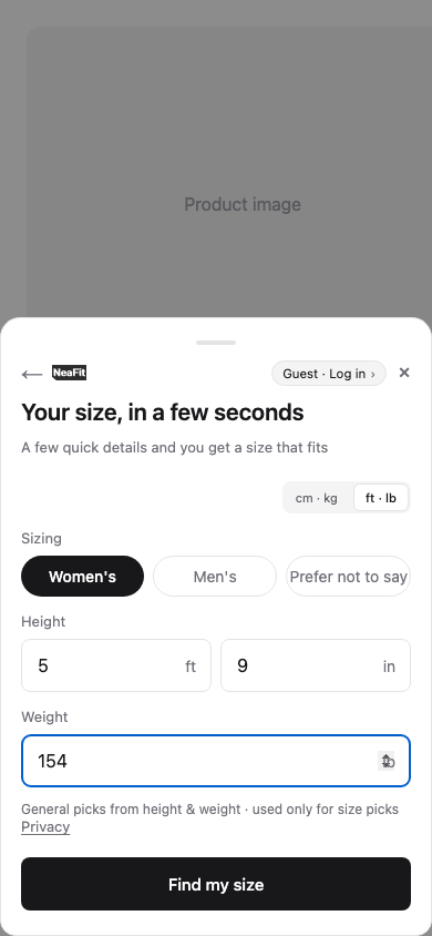 The NeaFit widget on a product page, asking for height and weight in feet, inches and pounds